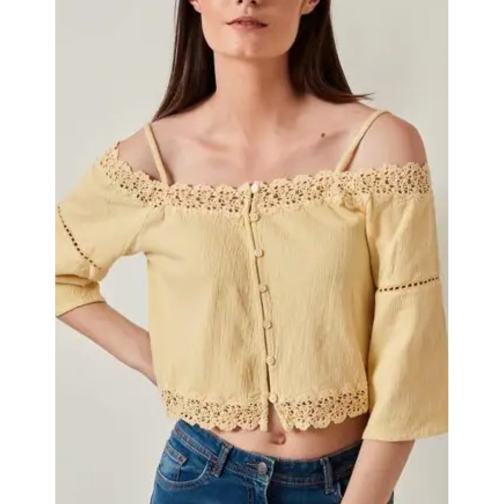 Topshop Off Shoulder Crop Top 3/4 Flare Sleeve Lace Edge Pale Yellow Boho Sz 6